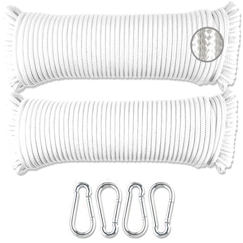 Wellmax Diamond Braided Polypropylene Rope with Uv Treatment and Weather Resistant, 2 Pack 3/16 Inch X 100ft White with 4 Bonus Spring Links