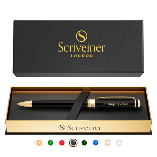 Scriveiner Black Ballpoint Personalized Pen - Stunning Luxury Pen, Jet Black Lacquer, 24K Gold Finish, Schmidt Ink Refill, Best Engraved Ball Point Gift Set for Men & Women, Custom Name Engraving