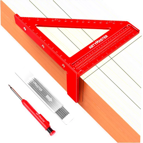 ArtyMaster 8 inch 3D Multi-Angle Measuring Square Ruler, WT103B High Precision Hole Scribing Woodworking Tools, 0-90° Aluminum Alloy Carpenter Square Wood Working Tools, Carpenter Pencils 6 Refills.