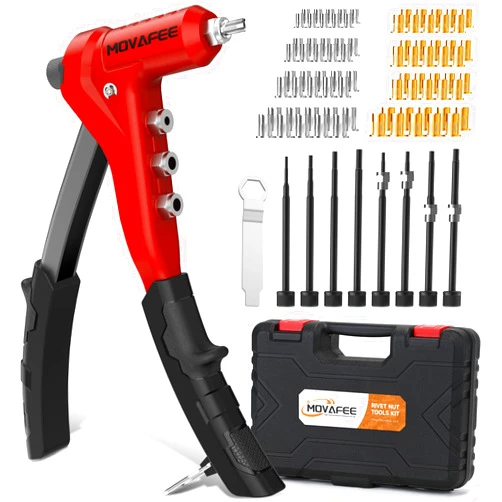 MOVAFEE Rivet Nut Tool, 9.5″Rivnut Tool, One-Handed Rivet Nut Tool Kit with 8 Interchangeable Arbors (4 SAE and 4 Metric) and 80 Rivet Nuts, Rugged Carrying Case