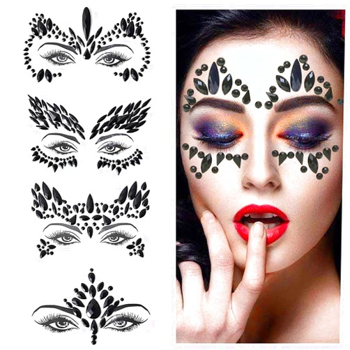 FULANSI 4 Packs Halloween Face Jewels Gem Black Crystal Stickers Face Tattoos Halloween Festival Design Women Mermaid Face Gem Rhinestones Eyes Body Face Self-Adhesives Temporary Tattoos Makeup Kits