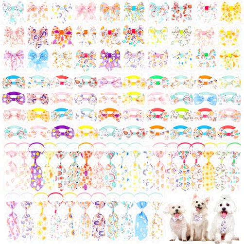 Reginary 100 Pieces Dog Bow Tie Collar Set Include 30 Pcs Dog Neckties, 30 Pcs Collar Flowers and 40 Pcs Dog Bow Ties, Adjustable Dog Bows for Small Medium Dogs Supply (Rainbow Pattern)
