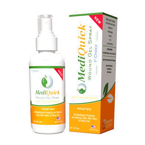 MediQuick Gel Spray 1st Aid Must Have Adheres to Larger Skin Area It Works on Contact & Lasts up to 12 Hours No Sting Ideal for Cuts Sunburns, Acne, Eczema Itch Adults,Kids,Pets, All Natural USA 4oz