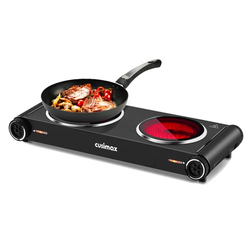 Cusimax Hot Plate For Cooking,1800w Double Infrared,Portable Electric Stove,Adjustable Temperature Control,Glass Plate Double Cooktop For Dorm Office Home Camp,Black Stainless Steel