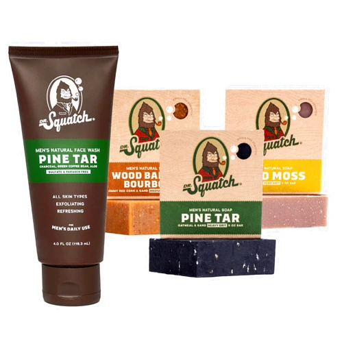 Dr. Squatch Men's Face Wash and Bar Soap Bundle - Exfoliating Face Wash made with Natural Ingredients - Pine Tar Face Wash and Pine Tar Bar Soap, Wood Barrel Bourbon, and Gold Moss