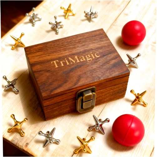 TriMagic Metal Jacks Game with Ball, Jax Toy Game Set in Wooden Gift Box, Classic Old Fashioned Retro Vintage 50s 60s 70s 80s Toys, 20 Gold & Silver Jack Stones, 2 Rubber Balls