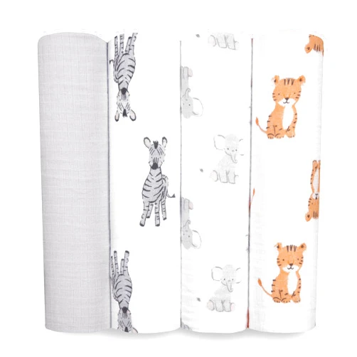 aden + anais Essentials Muslin Swaddle Blankets for Baby Girls and Boys, Newborn Receiving Blanket for Swaddling, 100% Cotton Baby Swaddle Wrap, 4 Pack, Safari Babes
