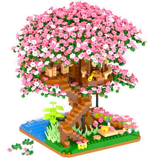 Tikmos Peach Blossom Pond Micro Building Blocks Set Toys for Kids and Adults, Mini Cherry Bonsai Tree House with LED String Lights DIY Japanese Sakura Street Model Chinese Bricks Architecture Kit Teens Gift