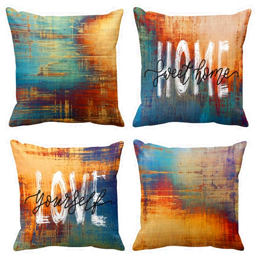 Emvency Set of 4 Blue and Orange Throw Pillow Covers Vintage Abstract Messy Rust Home Sweet Home Love Yourself Painting Decorative Pillow Cases Home Decor Standard Square 18x18 Inches Pillowcases