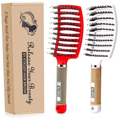 KTKUDY Detangling Brush Boar Bristles Set KTKUDY Hair Brush Curved and Vented Detangler Brush for Women Men Kids Wet and Dry Hair (Red&White)