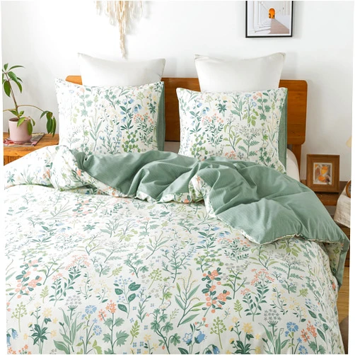 Travan Garden Style Floral Duvet Cover 100% Cotton Duvet Covers Ultra Soft Green Floral Bedding Sets with Zipper Closure, (3pcs, Queen Size)