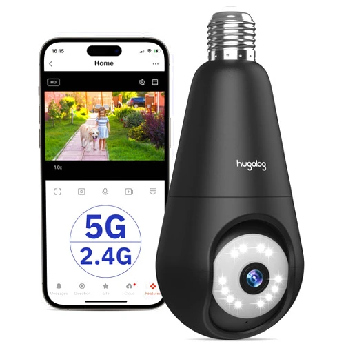 Hugolog 2K 3MP Light Bulb Security Camera 5G& 2.4GHz WiFi, 360° Wireless Outdoor Indoor Camera for Home, Motion Detection, Two-Way Talk, Color Night Vision, Siren Alarm, Compatible with Alexa