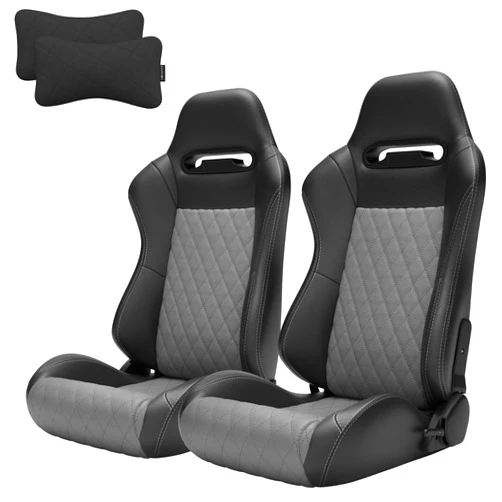 VroomAuto Pair of Universal Racing Seats, PVC Leather, Racing Bucket Seats with Dual Sliders, 2 Neck Pillows, Reclinable for Driver and Passenger Side (VR011)