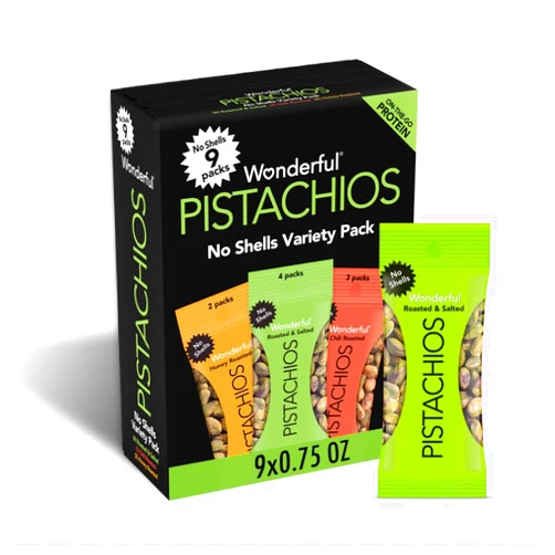 Wonderful Pistachios No Shells, 3 Flavors Mixed Variety Pack of 9 (0.75 Ounce), Roasted & Salted Nuts (4), Chili Roasted (3), Honey Roasted (2), Protein Snacks, On-the-Go, Individually Wrapped Healthy Snacks