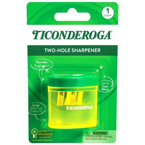 Ticonderoga Two-Hole Pencil Sharpener, Yellow and Green, 1 Count