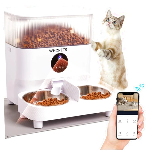 WHDPETS Automatic Cat Feeders, WHDPETS 5G WiFi Cat Food Dispenser with 1080P Camera for 2 Cats & Dogs, 5L Pet Feeder with Feeding Mat, APP Control, 2-Way Audio,Dual Power Supply