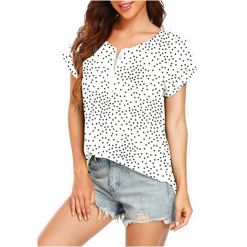 VIISHOW Women's Summer Casual Rolled Cuff Zip Half Placket Chiffon Short Sleeve Top Blouses