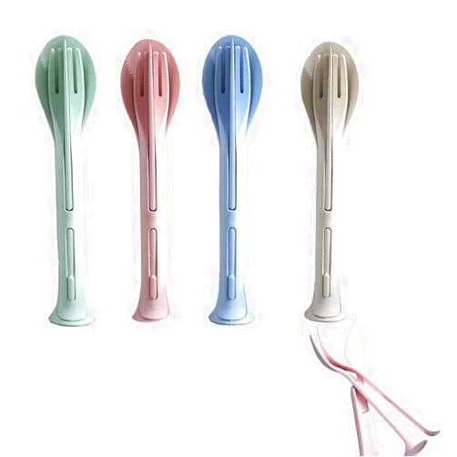 ZHUZE 4 Color Wheat Straw Tableware,Detachable Travel Dinnerware Set,Reusable Portable Tableware Set with Fork, Knife and Spoon (4Set)