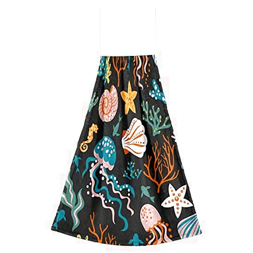 Lhammer Undersea Outopus Kitchen Towels Corals Seashells Hanging Hand Towels for Bathroom Decor 2 Pack Beach Fingertips Tie Towels with Loop 12