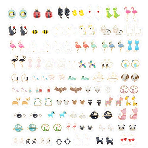 JJGQAZ 100pcs(50PAIRS) Assorted Animal Enamel Pendants Charms Dog Cat Bee Flamingo Giraffe Unicorn Enamel Charms for Bracelet Earring Necklace Making