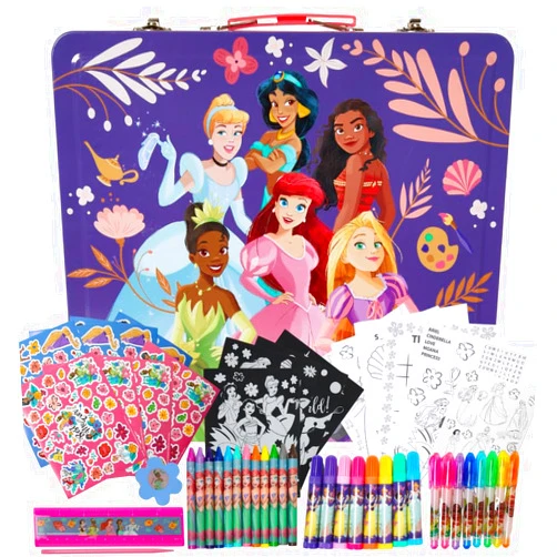 Innovative Designs Disney Princess Deluxe Activity Set with Carrying Tin, Coloring Sheets, Stickers, Scratch Art Sheets, & Art Supplies - Cinderella, Ariel, Rapunzel, Moana, Jasmin, and Tiana