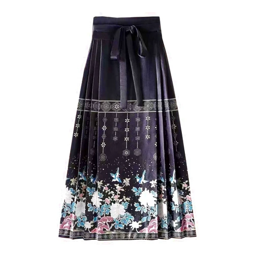 Luooli 2024 Dresses for Women Summer Chinese Skirts for Women Horse Face Skirt Ethnic Print Long Swing Pleated Tie up A-Line Skirt Hanfu Dress Clothes Flowy Beach Dress