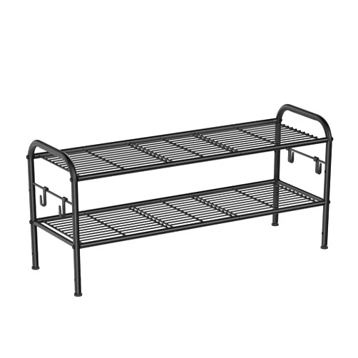 SONGMICS Shoe Rack, 2-Tier Shoe Organizer, Metal Shoe Shelf Storage with 4 Side Hooks, Holds 10 Pairs of Shoes, Height-Adjustable Shoe Rack for Entryway, Hallway, Closet, Easy Assembly, Ink Black