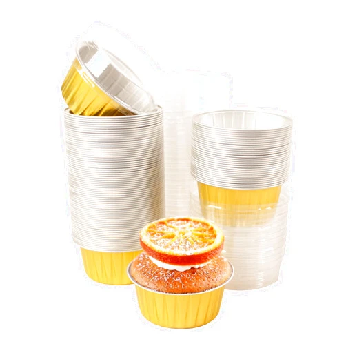 GoldPaddy 50Pcs Aluminum Foil Cups with Lids,5oz Baking Cups Muffin Tin Dessert Pudding Holders Mini Pie Pans Cupcake Containers for Christmas Wedding Birthday Anniversary Party(Gold)