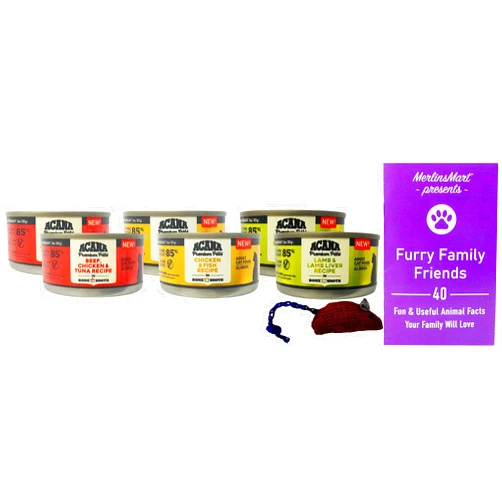 MerlinsMart ACANA Premium Pate Grain Free Cat Food 3 Flavor 6 Can Sampler Variety - (2) Each: Chicken Fish, Beef Chicken Tuna, Lamb Liver (3 Ounces) - Plus Catnip Toy and Fun Facts Booklet Bundle