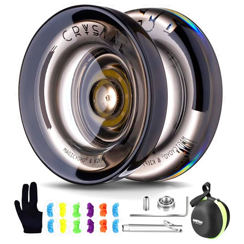 MAGICYOYO K2 Crystal Black Yoyo Professional, Responsive Yoyo for Kids Beginners with Extra Unresponsive Yo Yo Bearing, Pro Plastic Trick Yo Yo for Adults+12 Stings+Bearing Removal Tool+Storage Bag
