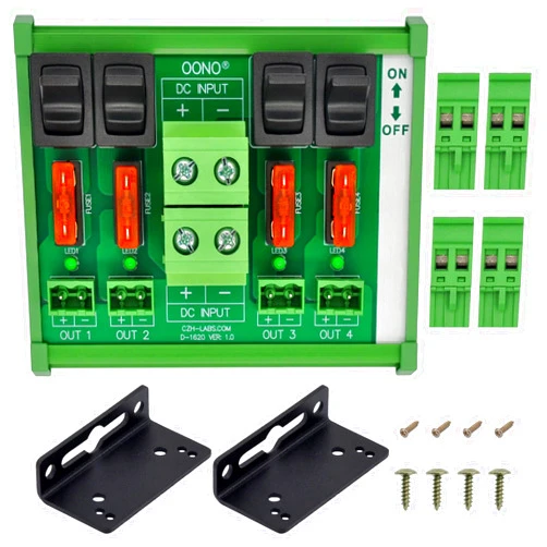 OONO DC Power Distribution Module, Rocker Switch, Fused, Pluggable Top Wiring Terminal Block, DIN Rail and Screw Mount (4 Channel)