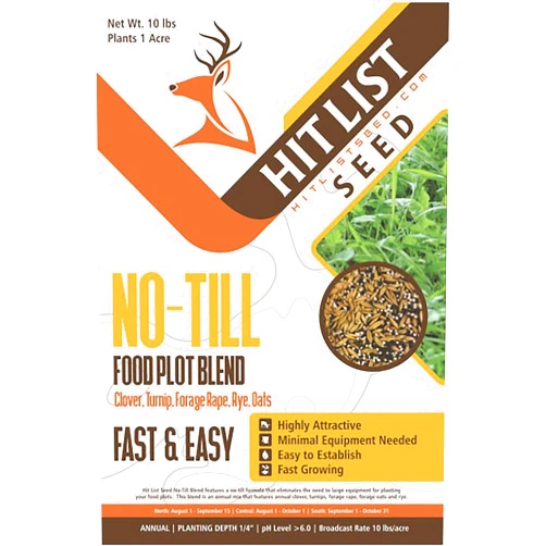 Hit List Seed No-Till Deer Food Plot Blend, 10 lbs (1 Acre) - Clover, Turnip, Forage Brassica, Rye, Oats, Whitetail, Blacktail, Deer, Elk, Hunting, Pure, Natural, High in Protein, Highly Attractive