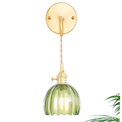 Shenmoyl Vintage Wall Sconce Wall Lamp Green Tulip Shade Pattern Glass Adjustable Chain Retro Gold Wall Mounted Light, Wall Lamp Fixtures Decor for Bedside Bedroom Indoor Doorway
