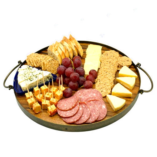 WRIGHTMART Acacia Wood Cheese Tray and Serving Board with Handles – Large Round Charcuterie Circle Board, Hardwood Platter for Entertaining and Serving, 14