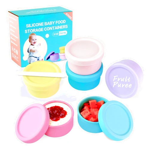 Finorder Set of 6 100% Silicone Baby Food Storage Containers of Cute Fun Colors, 5 oz Leak Proof Food Snack Containers for Infants Kids with Airtight Lids, Freezer Dishwasher Safe