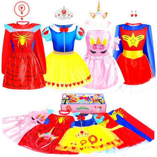 Jeowoqao Toddler Girls Dress up Costumes, Princess Dress Up Clothes for Little Girls, Kids Dress Up Pretend Play Set with Supergirl Princess Costumes Toy Gift for Girls Ages 3-6 Years
