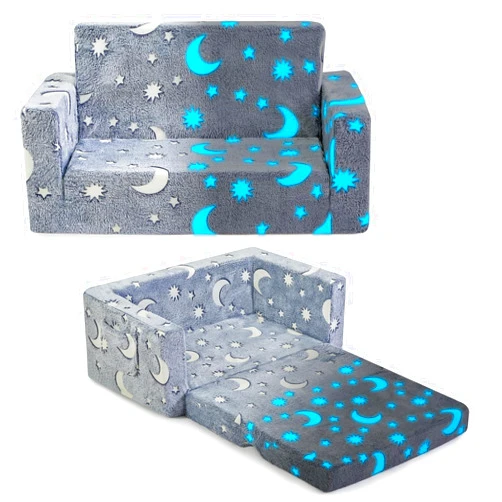 IFNOW Toddler Couch, Toddler Chair Folding, Kids Couch 2 in 1, Kids Sofa for Playroom-Extra Soft 2 Seats, Glow in The Dark Open Couch, Gifts for Kids, Sleeper for Girls Boys, Grey Blue