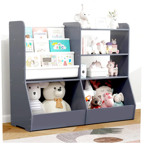 MallBest 4 Tier Kids Wooden Bookshelf and Toy Storage, 3 Layer Sling Toddler Bookcase, Toy Organizer Cabinet for Children Book Display,Playroom Nursery Classroom Kid Room (Grey)