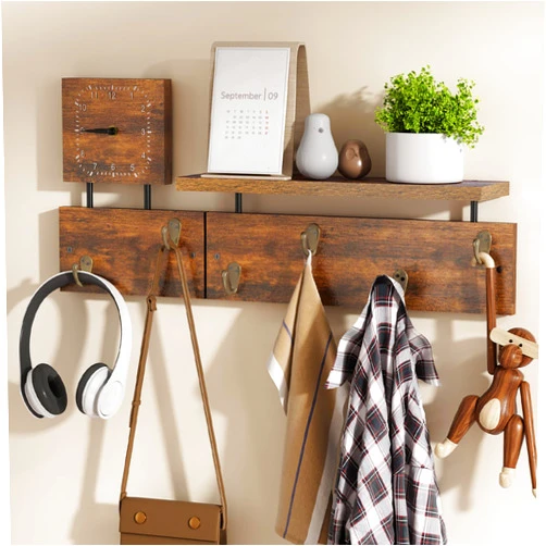 X-cosrack Coat Rack Wall Mount, Wooden Wall Mounted Storage Rack with Clock and 6 Hooks，Hanging Coat Rack with Shelf for Entryway, Bathroom, Living Room, Bedroom