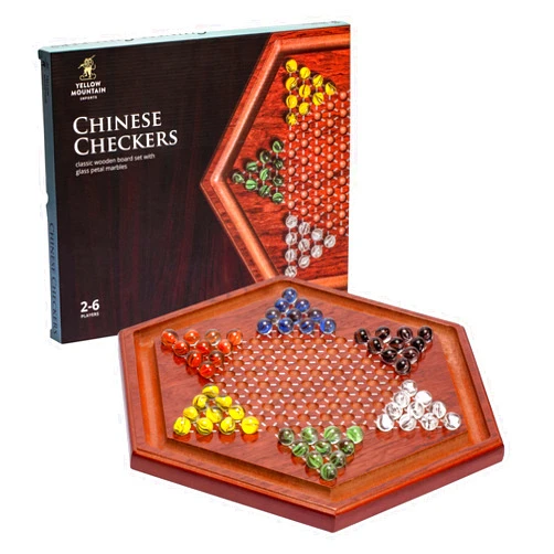 Yellow Mountain Imports Wooden Chinese Checkers Halma Board Game Set - 13.6-Inch - with 60 Colored Petal-Style Glass Marbles (16-Millimeter) - Classic Strategy Game