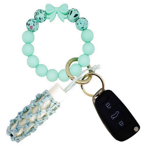 Hisuper Silicone Beaded Wristlet Keychain with Net Chapstick Holder Key Ring for Women Key Chains