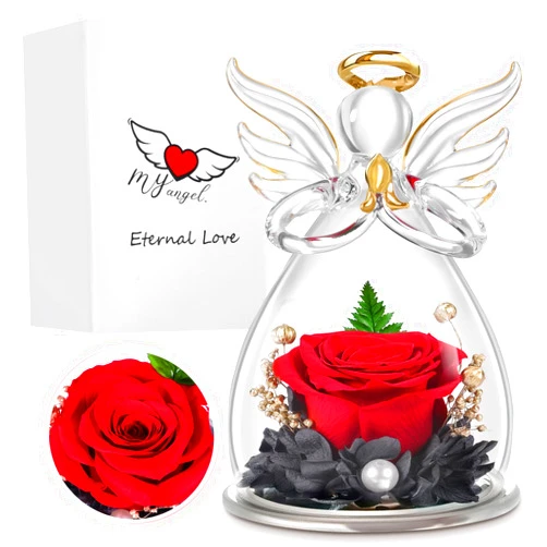 Suturun Angel Rose Gifts for Women,Angel with Roses Gifts for Mom,Preserved Roses Forever Flower in Glass Angel Figurines for Mother Day Valentine Day Christmas Anniversary Birthday Gifts for Her