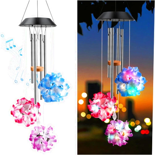 KAHACIYO Solar Wind Chimes for Outside, Hydrangea Flowers Solar Wind Chimes, Color Changing Wind Chimes for Outside, Waterproof Solar Garden Decor for Outside