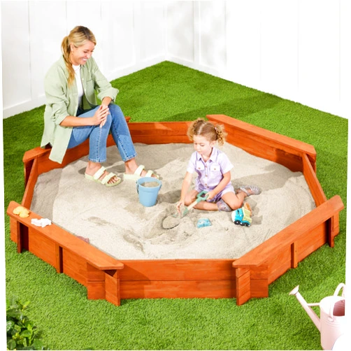 Best Choice Products Kid's Large Octagonal Wooden Outdoor Sandbox with Cover w/ 4 Reinforced Benches, 8 Seats, XL Sandpit, Bottom Liner - Brown