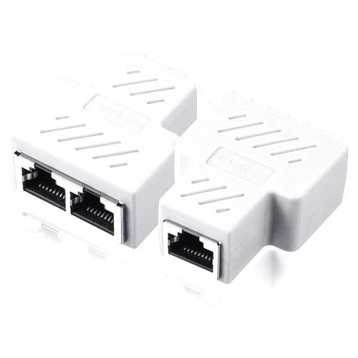 VizGiz 2 Pack RJ45 Splitter 1 to 2 Port T Adapter Female Socket Ethernet Connector Dual Ways Plug Modular Hub Switcher for Network Cat5 Cat6 Cat7 LAN Cable Computer PC Router POE IP Camera TV Box