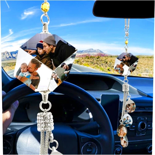 GMDLSK Personalized Photo Crystal Car Hanging Accessories Custom Picture Car Rearview Mirror Pendant Customized Pendant Hanging Picture Frame for Car Ideal Gifts for Dad and Friends