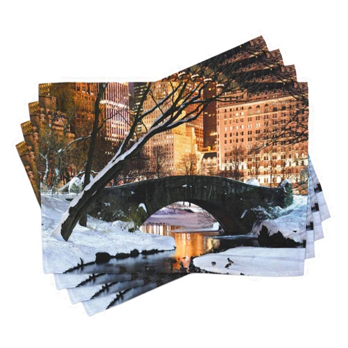 Lunarable NYC Place Mats Set of 4, New York City Manhattan Central Park Panorama in Winter Bridge Freezing Lake at Dusk, Washable Fabric Placemats for Dining Table, Standard Size, Black White