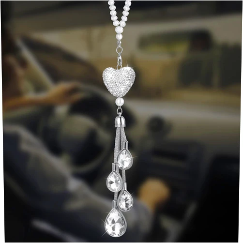 cobee Heart Diamond Car Hanging Bling Accessories, Crystal Car Rear View Mirror Charms Car Decoration Lucky Decor, Car Interior Hanging Pendant Charm Ornament Pendant for Women (White)