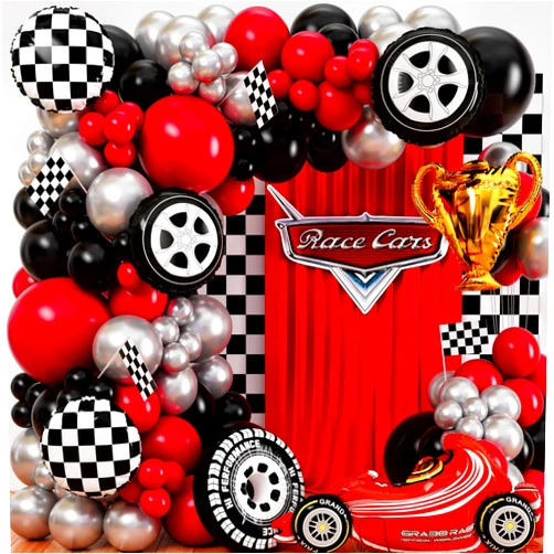 SHERYL DECOR ALL-IN-1 Race Car Balloon Arch Kit with BONUS Trophy & Number 2 - Cars Balloon Garland Kit for Lightning McQueen Cars 2 Birthday Party Supplies & Hot Wheels Balloons RaceCars Decorations