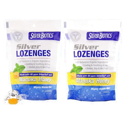 American Biotech Labs Silver Biotics Silver Lozenges w/60ppm SilverSol and Manuka Honey, Mighty Manuka Mint (21 Count) (2 Pack)